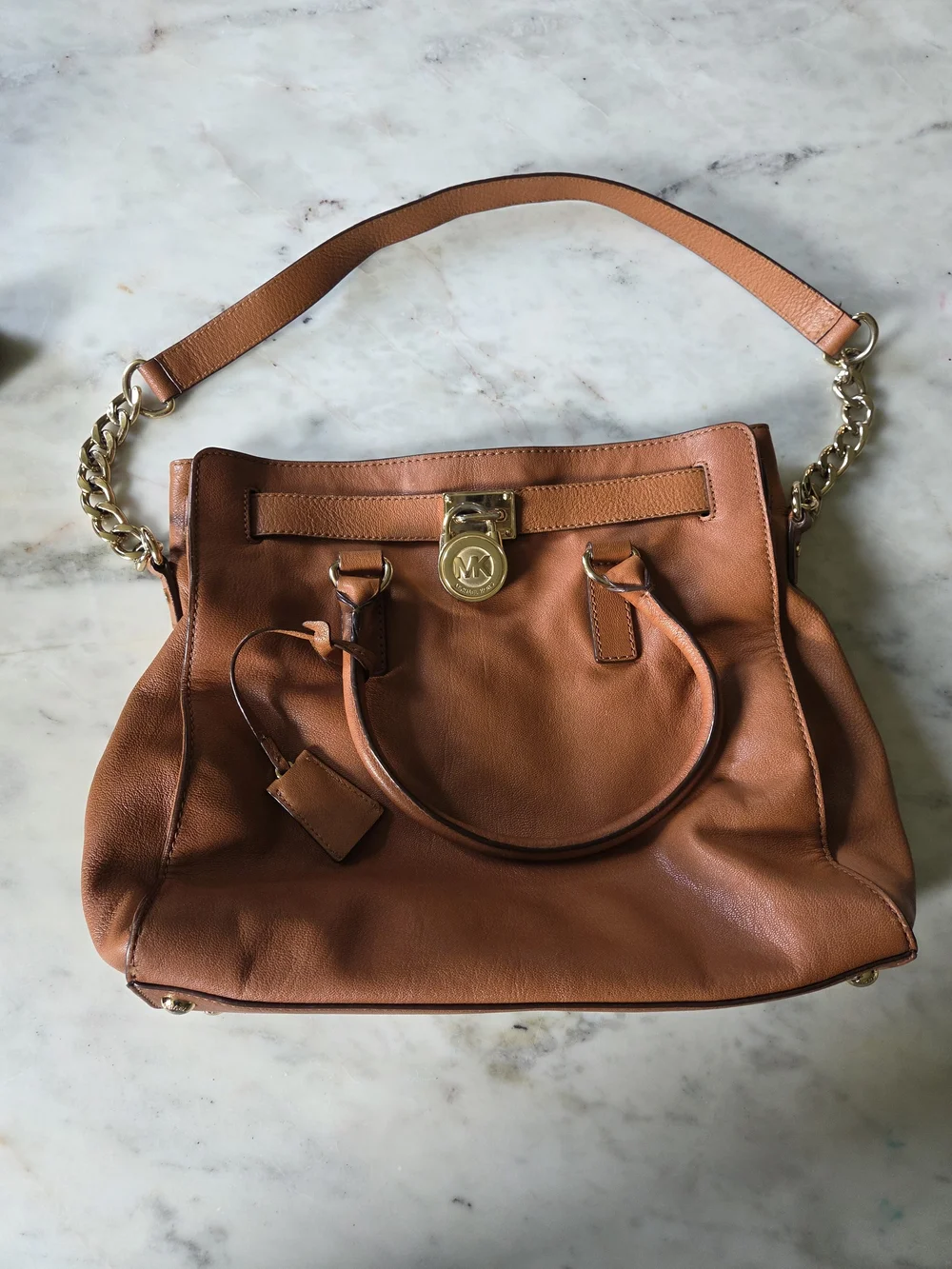 EUC Michael Kors Camel Brown Leather Tote with Gold Chain Strap